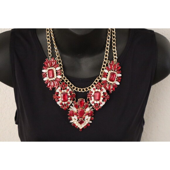 Chunky Necklace Gold Toned Chain Red White Stones Rhinestone Statement 18" - Picture 2 of 11